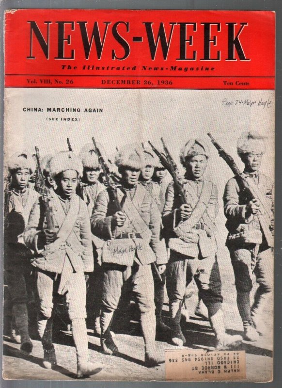 Newsweek 12/26/1936-Chinese Soldiers cover-Andy Gump-Capt and The Kids-Gus Ed...