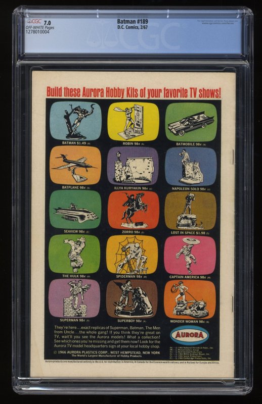 Batman #189 CGC FN/VF 7.0 Off White 1st  Appearance Silver Age Scarecrow!