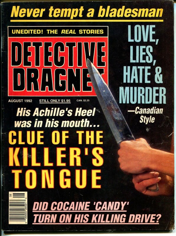 Detective Dragnet 8/1992-Globe-Clue of Killer's Tongue-murder-knife-VG