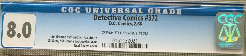 Detective Comics #372 (1968) CGC 8.0 -- Neal Adams cover & Broome/Fox stories