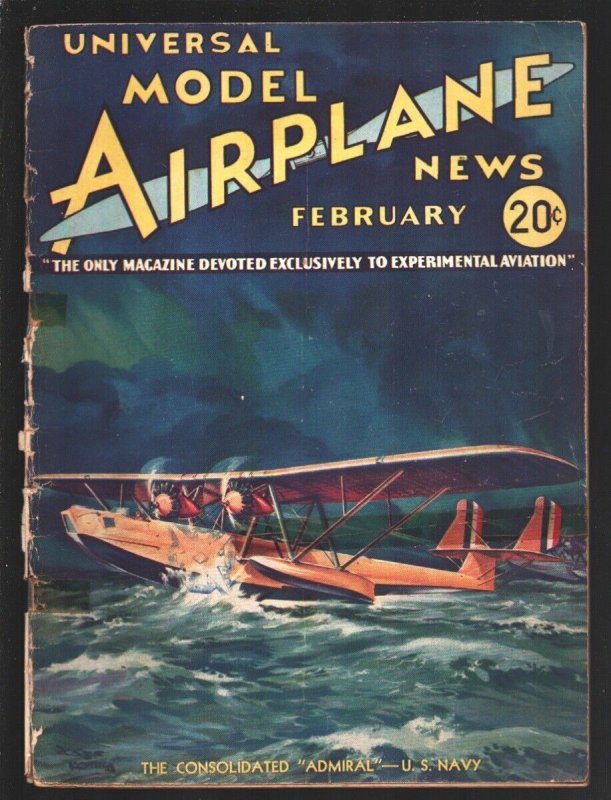 Model Airplane News 2/1934-Sea plan pulp style cover art-Aviation features-di...