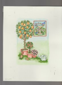 EASTER GARDEN Birds w/ Birdbath & Pear Tree 8x10.25 Greeting Card Art #EO-0081