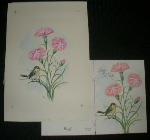 HAPPY BIRTHDAY Baby Bird with Pink Flowers 6x9 Greeting Card Art #B554