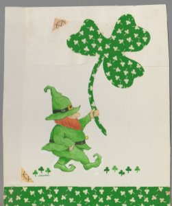 LEPRECHAUN w/ Fabric Clover 5.5x6.5 #59 St Patrick's Day Greeting Card Art 