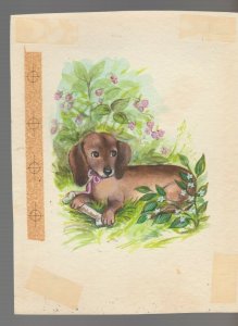 HAPPY BIRTHDAY Dachshund Dog with Bone in Garden 7x9 Greeting Card Art #B1551