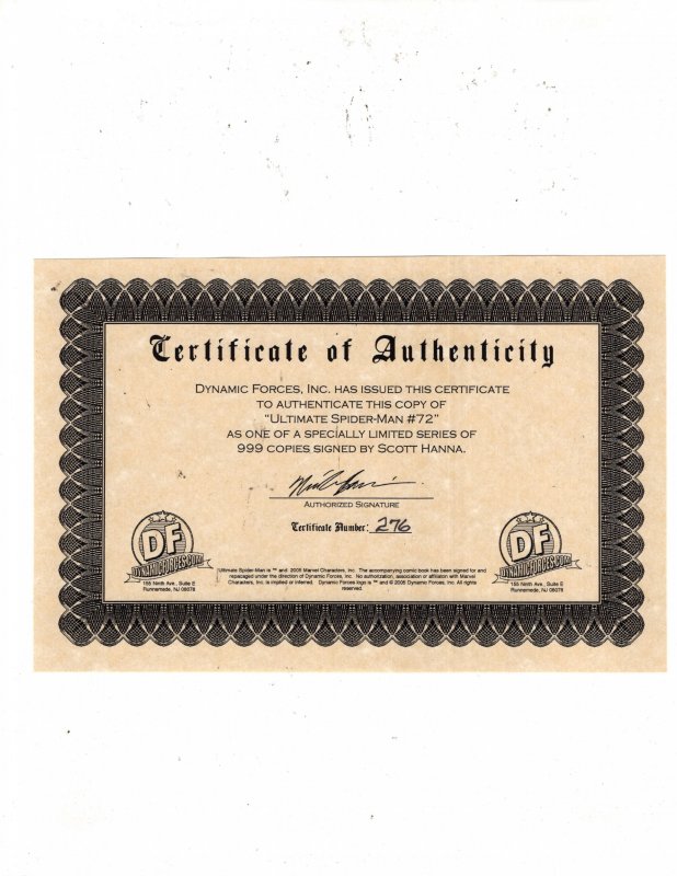 Ultimate Spider-Man #72 (2005) Signed on Cover By Artist W/COA / ID#740