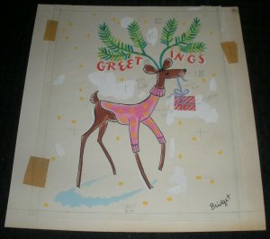 MERRY CHRISTMAS Greetings Reindeer w/ Present 8.5x9 Greeting Card Art #B35