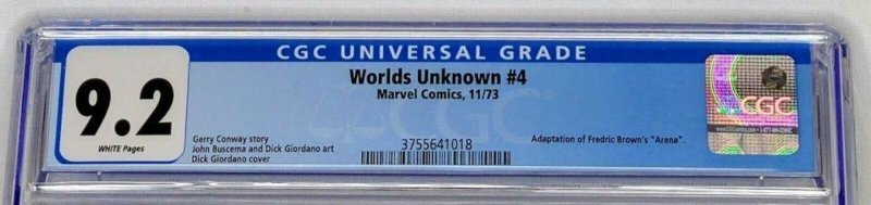 Worlds Unknown #4 Marvel 1973 CGC 9.2 Adaption of Frederick Brown's Arena