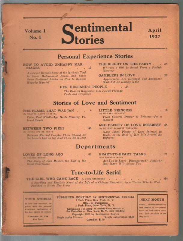 Sentimental Stories #1 4/1927-1st issue-Jack Woodford-rare pulp-P