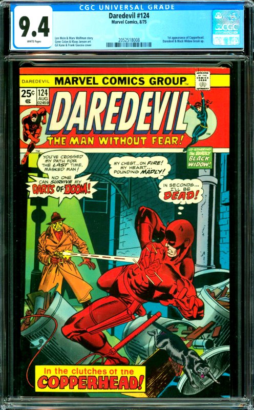 Daredevil #124 CGC Graded 9.4 1st appearance of Copperhead. Daredevil and Bla...