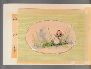 THANK YOU NOTE Cute Tiny Girl Pondering in Weeds 8x5.5 Greeting Card Art #17543