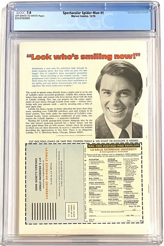 Spectacular Spider-Man #1 (1976) - CGC 7.0 VF *1st App Lightmaster*