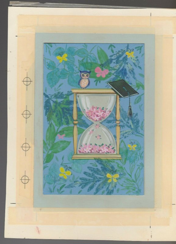 GRADUATION Cute Owl on Hourglass w/ Flowers & Cap 7x10 Greeting Card Art #G4395