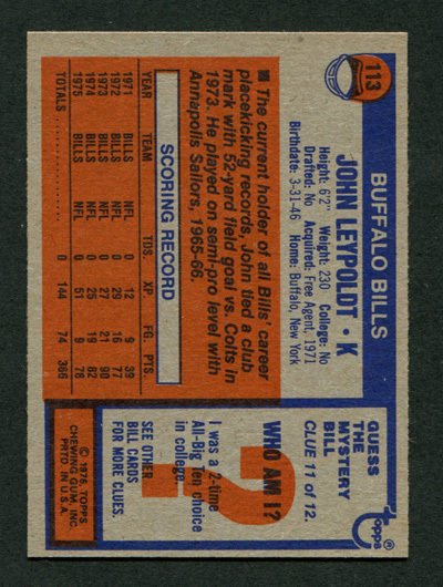 1976 Topps John Leypoldt #113 NM-MT Buffalo Bills