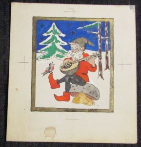 CHRISTMAS Elf Playing Mandolin w/ Bird 6x6.25 Greeting Card Art #1443