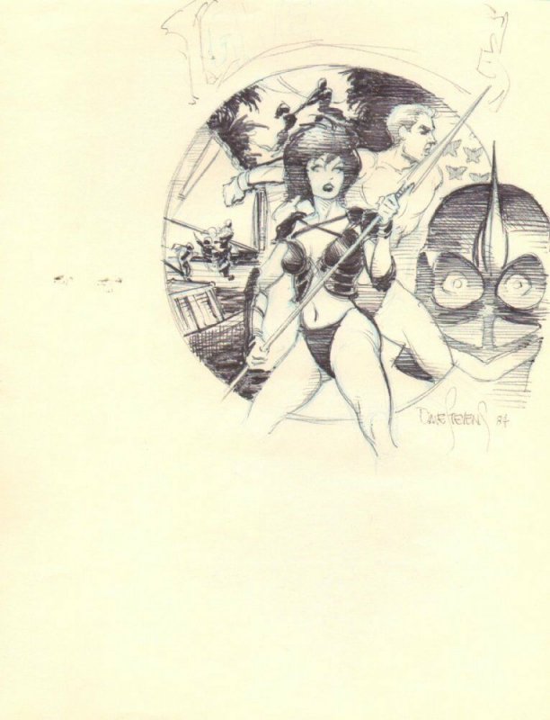 Gwendolyn with Spear Drawing Montage - 1984 Signed art by Dave Stevens 