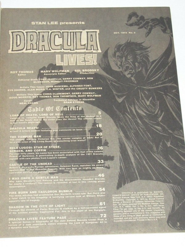 Dracula Lives! #3 Magazine 2nd App Soloman Neal Adams Cover October 1973 Marvel