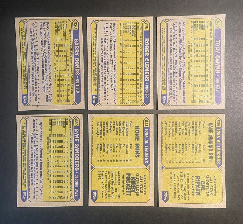 1987 Topps Baseball Star Lot ( 6 ) With Barry Bonds Rookie NM/MT - MINT