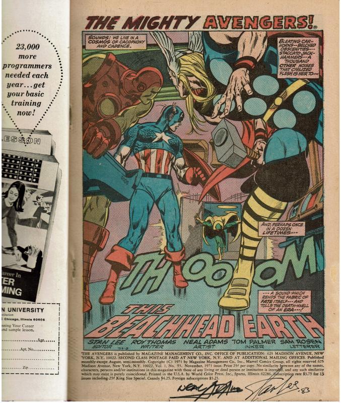 Signed By STAN LEE & NEIL ADAMS! Avengers #93, 4.5 or Better