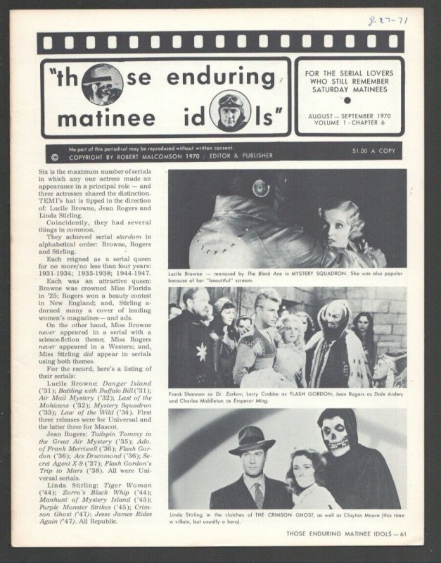 Those Enduring Matinee Idols #6 8/1970-Movie serial fanzine-Film images & art...