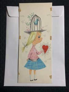 VALENTINES DAY Girl with Birdcage Hat & Heart 5x12 Greeting Card Art V3844