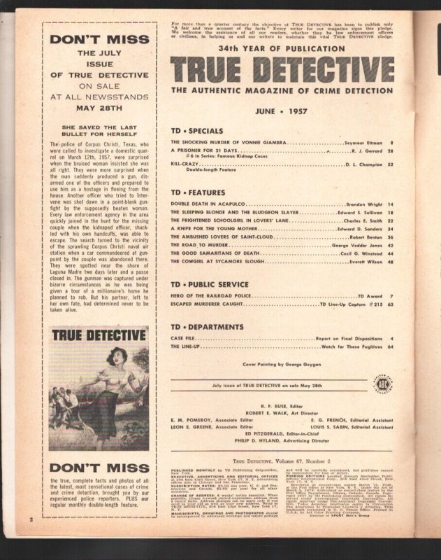 True Detective 6/1957-Kill-Crazy-Pulp crime-posed photos-historic-VG/FN