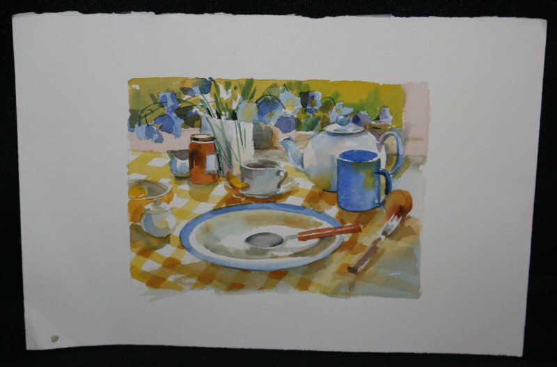 Greeting Card Original Artwork - Still Life Table Watercolor - 1970s