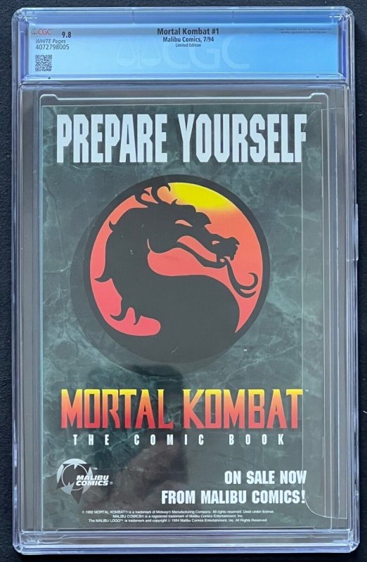 Mortal Kombat #1 Limited Edition CGC 9.8 Malibu Comics 1994 Hologram