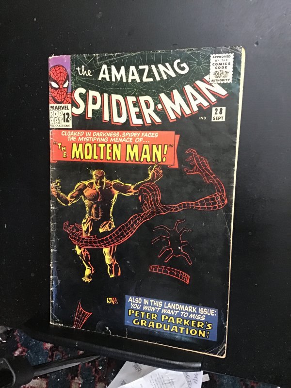 The Amazing Spider-Man #28 (1965) Black cover 1st Milton Man key! Ditko Art! VG!