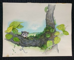 BABY OPOSSUM JOEY on a Log with Green Leaves 14x11 Greeting Card Art #nn