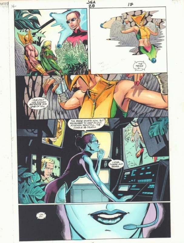 JSA #28 p.17 Color Guide Art - Roulette, Sand, Hawkgirl & Hawkman by John Kalisz