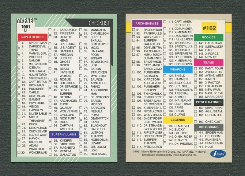 1991 Marvel Comics II  Card  #162 ( Checklist )  MINT