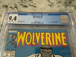 Wolverine # 8 CGC Graded 9.4 Marvel Comic Book Hulk Mr. Fixit 1989 X-Men JH24