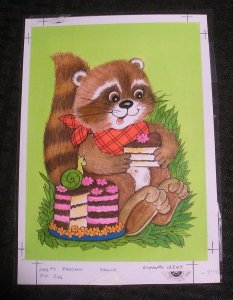 HAPPY BIRTHDAY Cute Raccoon w/ Cake & Snail 6x8.25 Greeting Card Art #3166 