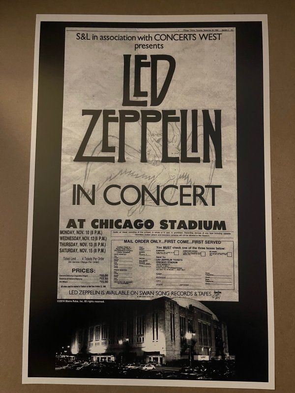 1980 Led Zeppelin at Chicago Stadium 11x17 framed Concert Poster and ticket.