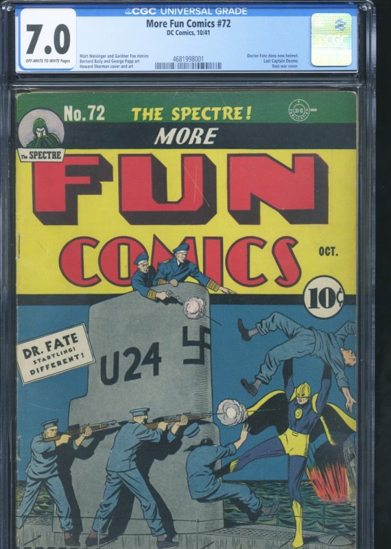 MORE FUN COMICS 72 - CGC-7.0 - OW-W - Dr Fate WWII cover - Spectre - Golden Age
