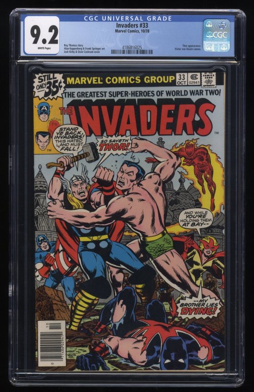 Invaders #33 CGC NM- 9.2 Thor Captain America Human Torch! Jack Kirby!