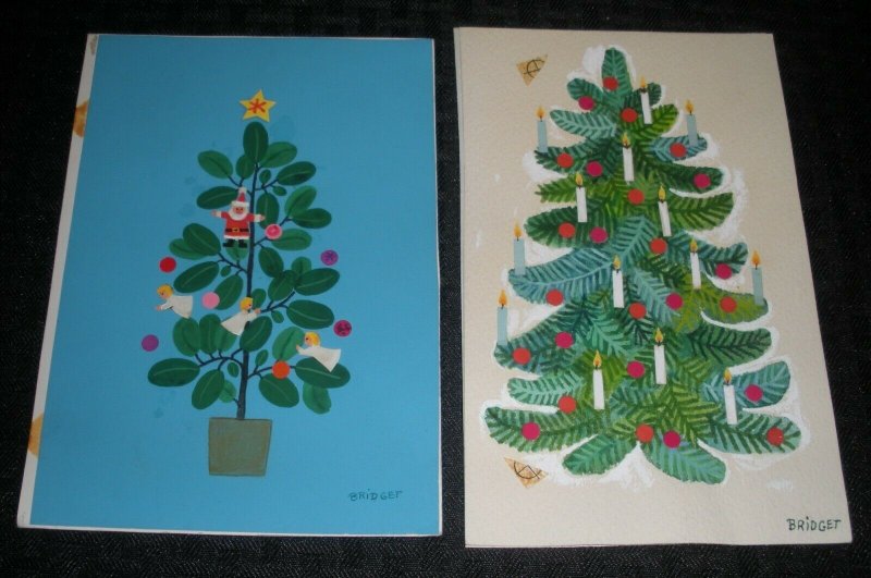 CHRISTMAS Trees w Santa Claus Angel Candles 2pcs 5x7 Greeting Card Art #5006