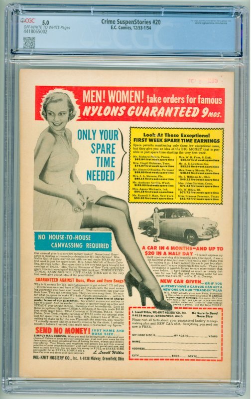 Crime Suspenstories #20 (1953) CGC 5.0! OWW Pages! Pre-Code Horror!