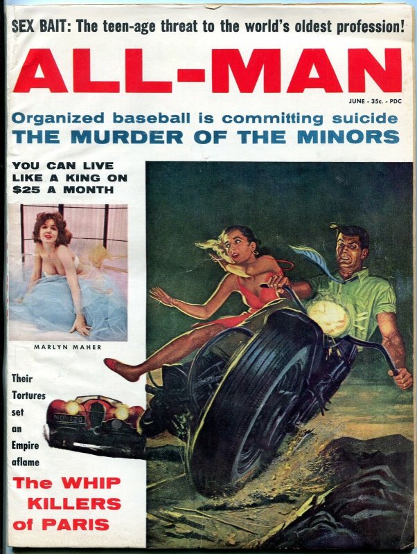 All Man Magazine June 1960- Motorcycle cover- Marlyn Maher- Sex Bait FN