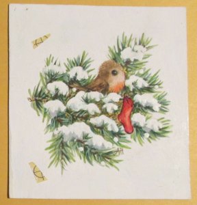 CHRISTMAS Baby Chick Stocking in Snowy Tree 4x4.5 Greeting Card Art FN 6.0 #3001