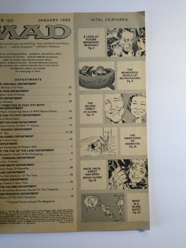 Mad Magazine Jan 1966 No 100 The Adventures of Ozzie and Harriet Nelson Family 