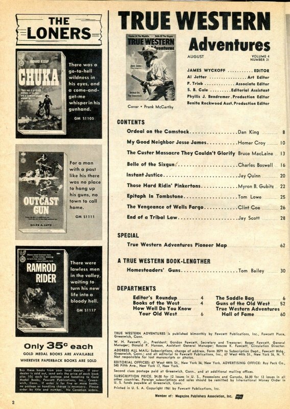True Western Adventures Magazine August 1961- Custer- Jesse James VG