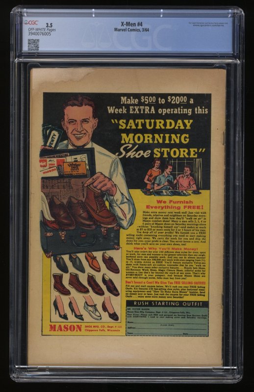 X-Men #4 CGC VG- 3.5 Off White 1st Appearance Quicksilver Scarlet Witch!