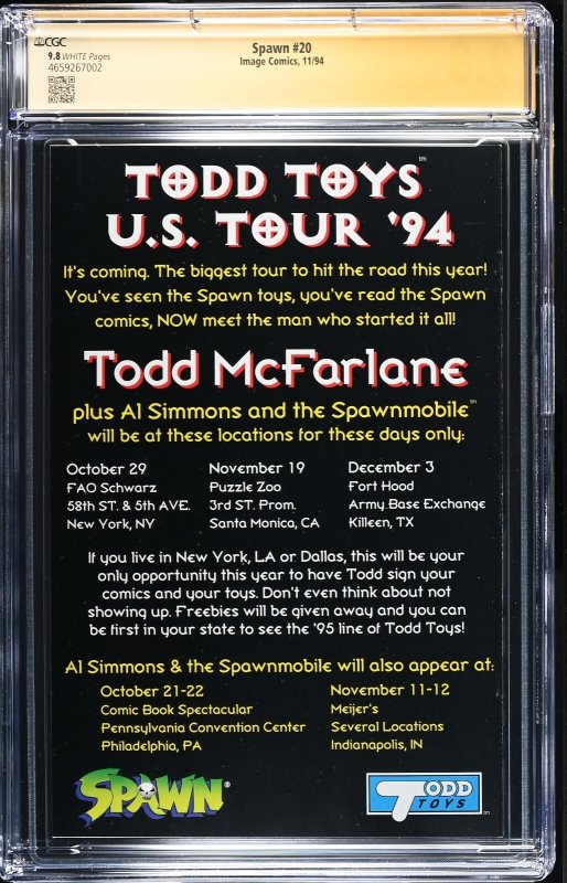 Spawn (1994) # 20 (CGC 9.8 SS) Signed Greg Capullo * Image Comics * Census = 5