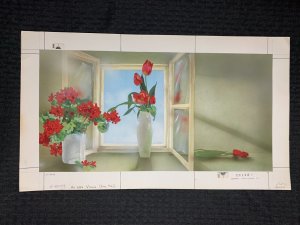 FOR YOUR BIRTHDAY Red Flowers in Vase & Window 17.5x10 Greeting Card Art #8039