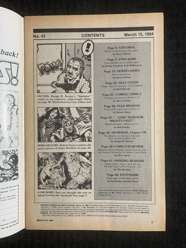 1984 AMAZING HEROES Comic Magazine #43 FN 6.0 History of Adam Warlock