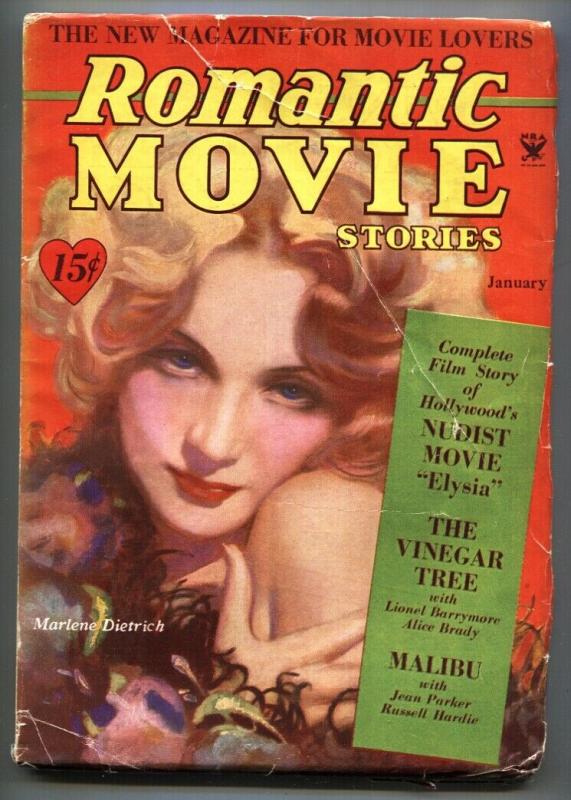 ROMANTIC MOVIE STORIES Jan 1934-Last Pulp issue-Elysia-Rare!