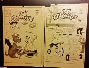 Lil Genius Comic Production Proofs BW 2 pc lot ~ Blank back WH