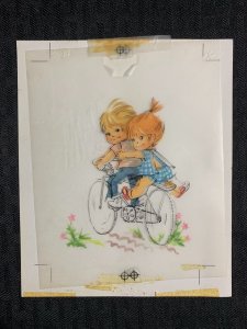 CUTE BOY & GIRL Riding Bike (Black on Overlay) 5x6 Greeting Card Art #nn